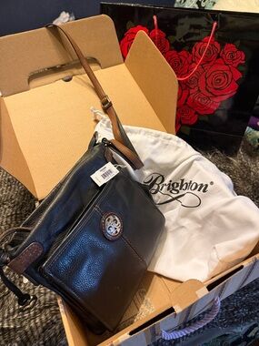 Brighton Black Leather Crossbody with Brown Strap and Decorative Medallion